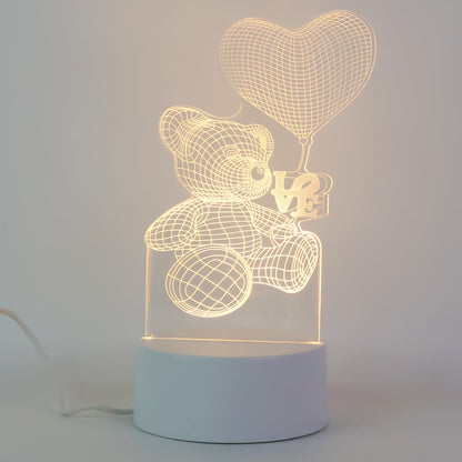 3D Illusion LED Night Lamp with Teddy Bear Holding Heart Design