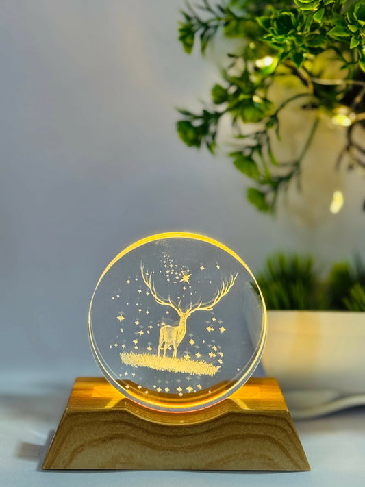 3D Deer Night Lamp with Wooden Base | Laser Engraved Acrylic LED Light with Starry Sky Design | Aesthetic Bedside Lamp for Home Decor, Kids Room, Nature Lovers & Gifting | Warm Ambient Glow Light