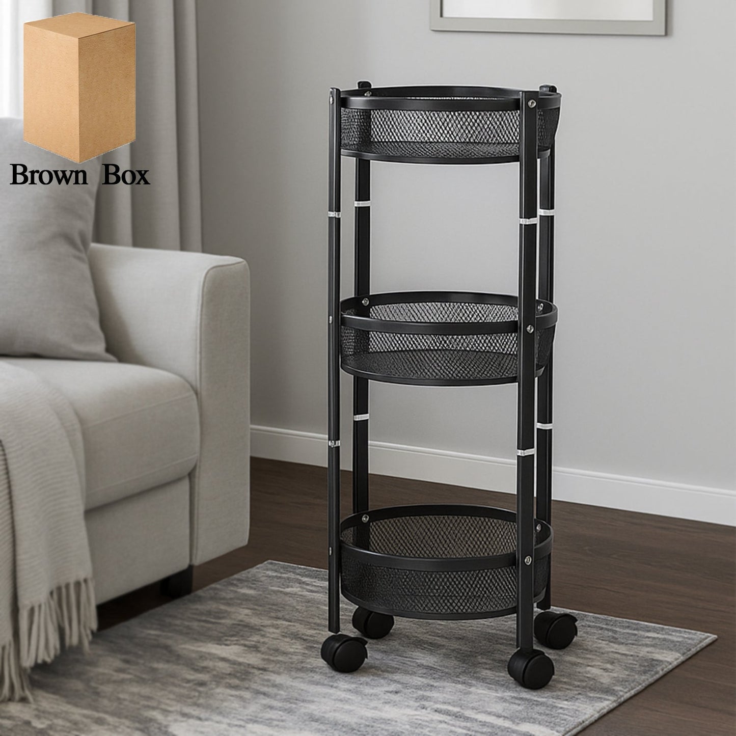 3-Layer Round Metal Mesh Utility Storage Trolley with Wheels