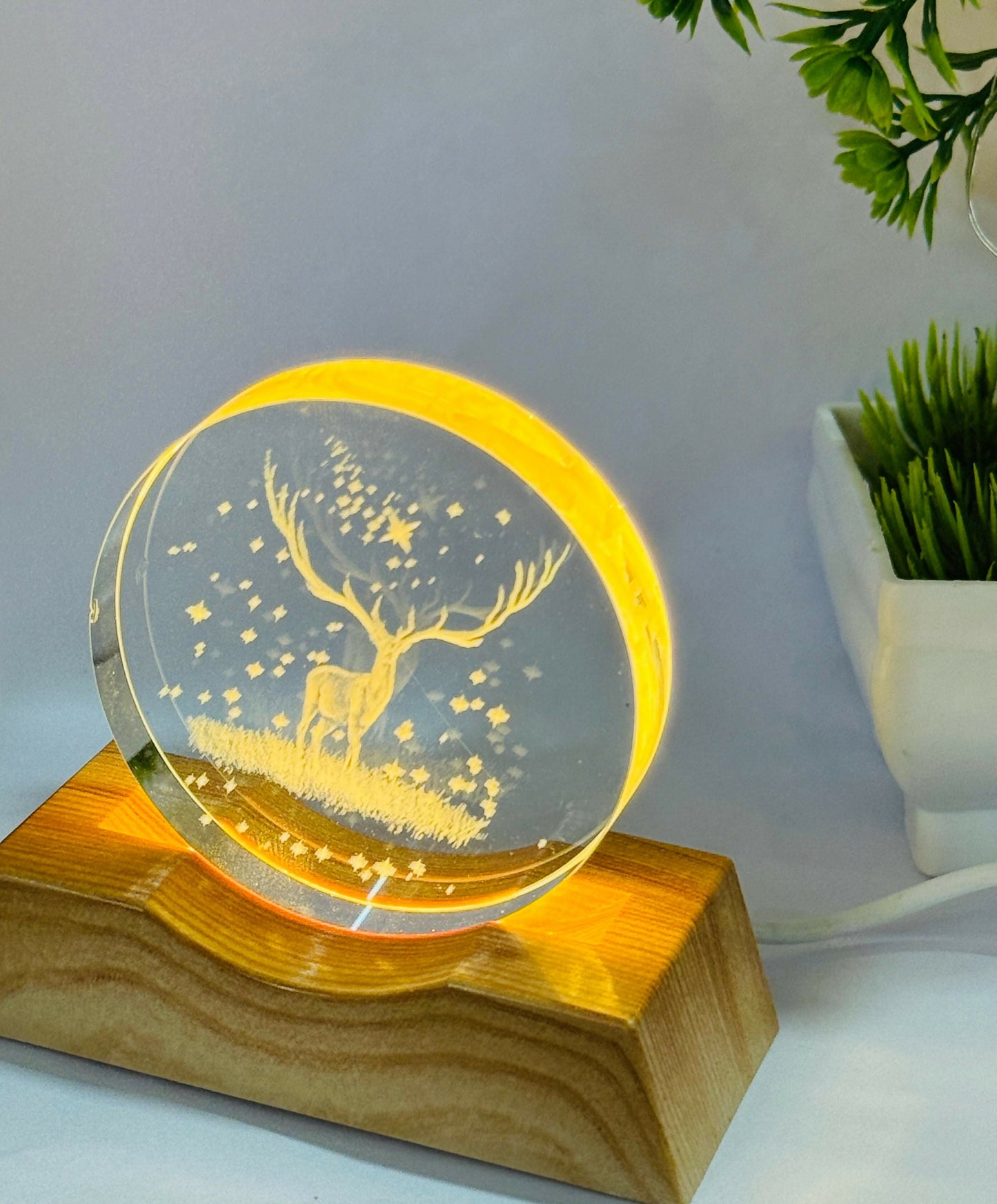 3D Deer Night Lamp with Wooden Base | Laser Engraved Acrylic LED Light with Starry Sky Design | Aesthetic Bedside Lamp for Home Decor, Kids Room, Nature Lovers & Gifting | Warm Ambient Glow Light